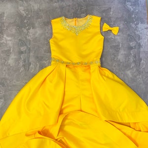 Yellow Pageant Outfit: Rhinestone Romper with Train