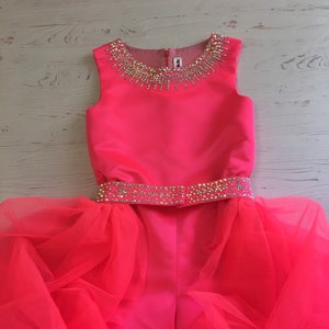 Neon Pink Pageant Outfit: Rhinestone Romper with Tulle Train