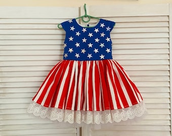 Patriotic Girl's Dress: Red, White & Blue Stars 4th of July Outfit