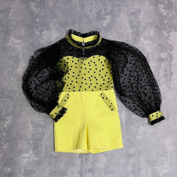 Yellow black polka dots girls pageant  denim romper with sleeves/ Girls casual outfit/ Pageant casual wear/ Custom pageant outfit