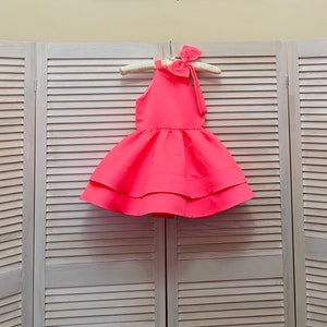 Neon pink girl pageant interview cocktail dress with bow/ Pageant outfit/ Teens cocktail dress/  Custom pageant dresses