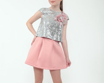 Silver sequins top and pink neoprene/ scuba skirt/ Girls pageant suit/ Cocktail outfit/ Custom pageant outfit