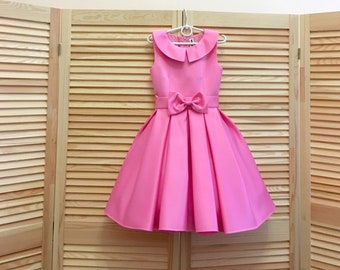 Babble pink pageant interview cocktail dress with bow belt and collar/ Girl Interview outfit /Custom Pageant dresses for girls