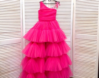 Hot Pink Tulle One-Shoulder Dress: Girls' Runway Party Gown
