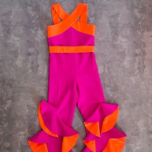 Hot pink girls jumpsuit with neon orange ruffles bottoms/ Casual romper/ Girls casual wear/ Ruffles romper/ Custom outfit