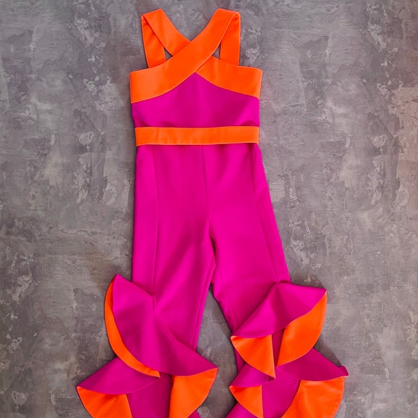 Hot pink girls jumpsuit with neon orange ruffles bottoms/ Casual romper/ Girls casual wear/ Ruffles romper/ Custom outfit