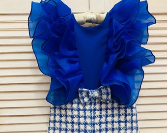 Royal blue white tweed girls pageant romper with organza ruffles/ Girls casual outfit/ Pageant casual wear/ Custom pageant outfit