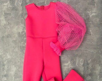 Hot pink girl neoprene jumpsuit with polka dots sleeve/ Scuba casual romper/ Girls casual wear/ Neoprene romper/ Custom pageant outfit