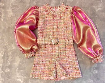 Pink gold tweed girls pageant romper with organza sleeves/ Girls casual outfit/ Pageant casual wear/ Custom pageant outfit