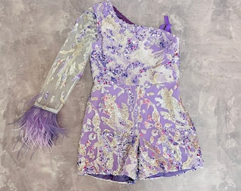 Lavender lilac pageant fun fashion outfit with one sleeve romper and tulle train/ Girls pageant outfit/ Runway outfit/ Custom pageant outfit