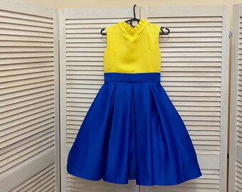 Royal Blue & Yellow Pageant Dress: Ruffle Knee-Length Interview Outfit