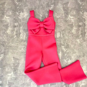 Hot coral girls casual neoprene scuba  jumpsuit with big bow/ Casual romper/ Girls casual wear/ Custom pageant outfit