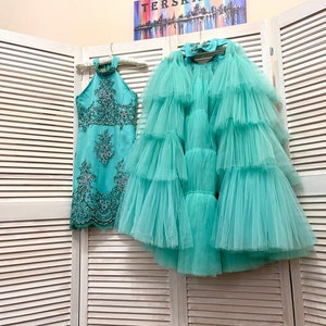 Turquoise  pageant fun fashion outfit with stoned dress and tulle train/ Girls teens pageant outfit/ Runway outfit/ Custom pageant dresses