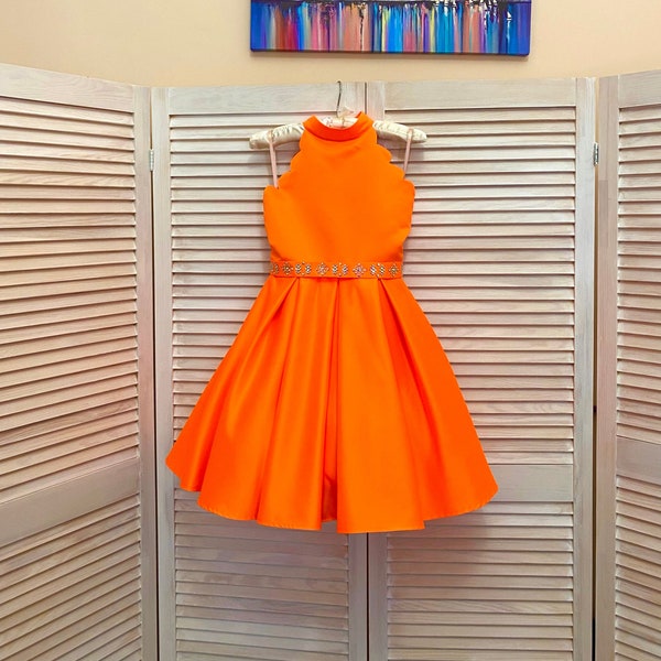 Neon orange pageant cocktail dress with scrolled neckline and stoned belt/ Knee length dress/ Girl cocktail outfit/ Custom pageant dresses