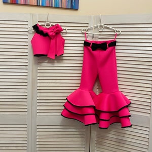 Hot pink neoprene/ scuba girls suit with top and pants and black trim/ Girls casual outfit/ Interview outfit/ Custom pageant suit