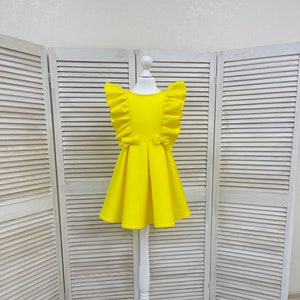 Yellow girl neoprene scuba dress with ruffles and bows/ Interview girls dress/ Custom pageant outfit