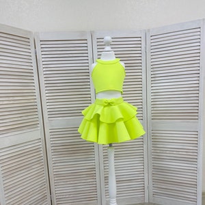 Neon lime yellow neoprene/ scuba girls suit with top and shorts with ruffles/ Girls casual outfit/ Toddler suit/ Custom pageant suit