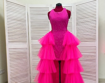 Hot Pink Rhinestone Pageant Dress: Tulle Overskirt Runway Outfit