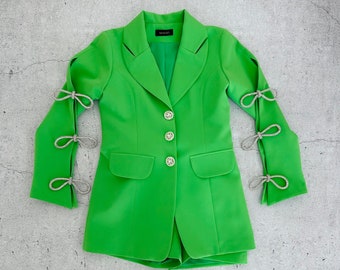 Lime green girls suit with jacket and shorts/ Bow sleeves/ Girls pageant wear/ Interview suit/ Custom pageant outfit