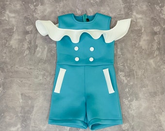 Turquoise and white girls romper with ruffles/ Casual pageant outfit/ Girls casual wear/Scuba suit/ Custom pageant outfit