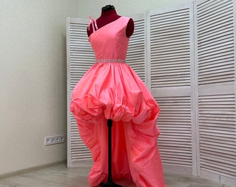 Neon Pink Taffeta Girls Dress: One Shoulder High Low Pageant Gown