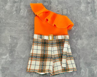 Orange and green checkered tweed girls pageant romper with ruffle/ Girls casual outfit/ Pageant casual wear/ Custom pageant outfit