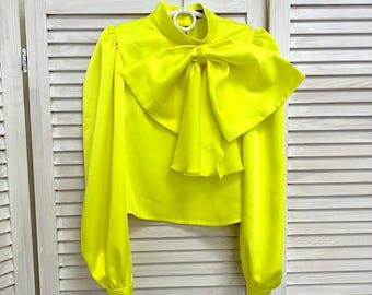 Yellow girl blouse with big bow/ Casual top/ Girls casual wear/ Sleeves top/ Custom pageant outfit