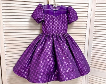 Purple polka dots jaquard pageant cocktail dress/ Knee length dress/ Teens Interview outfit /Custom pageant dress