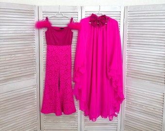 Hot Pink Lace Pageant Outfit: Feather Trim, Chiffon Overskirt