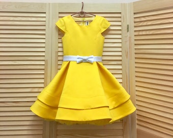 Hot yellow pageant interview cocktail dress with cup sleeves/ White bow belt / Girl Interview outfit/ Pageant wear/ Custom pageant dresses