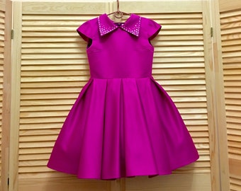 Magenta Fuchsia pageant interview cocktail dress with collar/ Knee length dress/ Teens Interview outfit /Custom pageant dress