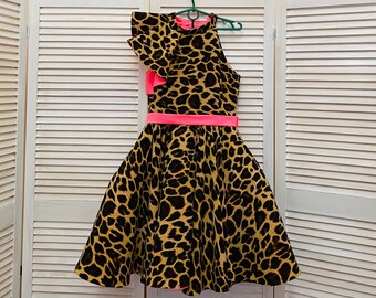 Leopard pattern Neon pink pageant cocktail dress with ruffle/ Pageant outfit/ Leopard Teens cocktail dress/  Custom pageant dresses
