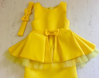 Yellow Satin Peplum Dress: Custom Baby Toddler Interview Outfit
