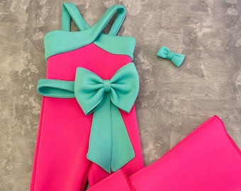 Hot pink girl neoprene jumpsuit with mint details and bow belt/ Scuba romper/ Girls casual wear/ Neoprene romper/ Custom pageant outfit