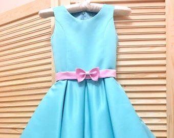 Blue turquoise pageant interview dress with bow belt/ Knee length dress/ Teens Interview outfit /Custom pageant dress