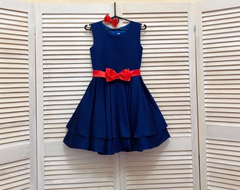 Navy Blue Pageant Interview Cocktail Dress With Bright Coral Belt Teens Cocktail Dress Girl Interview Outfit Custom Pageant Dresses Etsy