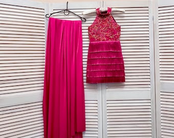 Fuchsia Fringe Pageant Outfit: Rhinestone Lace Dress & Chiffon Cape