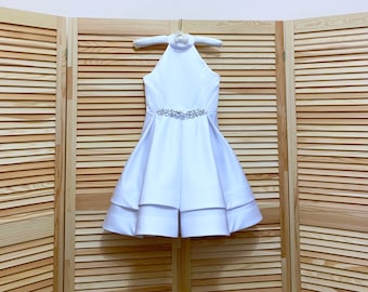 White pageant cocktail dress with rhinestones and bow/ Pageant outfit/ Teens cocktail dress/  Custom pageant dresses