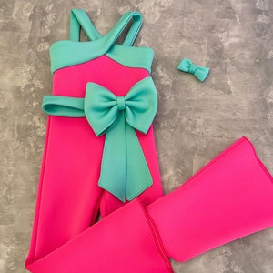 Hot pink girl neoprene jumpsuit with mint details and bow belt/ Scuba romper/ Girls casual wear/ Neoprene romper/ Custom pageant outfit