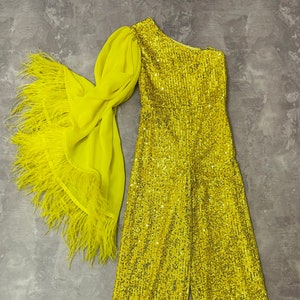 Yellow Sequin Girls Jumpsuit: One-Sleeve Feather Runway Outfit