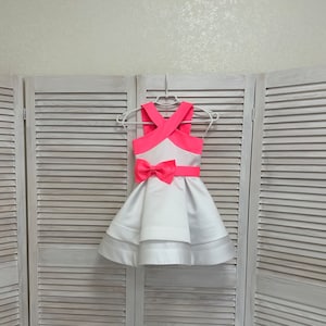 White pageant cocktail dress with pink straps and bow belt/ Pageant outfit/ Teens cocktail dress/  Custom pageant dresses