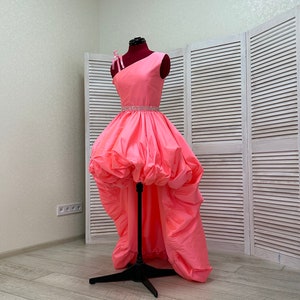 Neon Pink Taffeta Girls Dress: One Shoulder High Low Pageant Gown