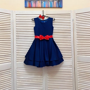 Navy Blue pageant interview cocktail dress with bright coral belt/ Teens cocktail dress/ Girl Interview outfit/ Custom pageant dresses