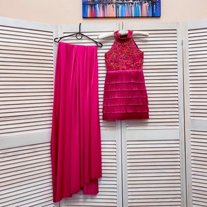 Fuchsia Fringe Pageant Outfit: Rhinestone Lace Dress & Chiffon Cape
