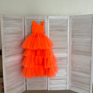 Orange Tulle One Shoulder Girls Dress: High Low Runway Fashion