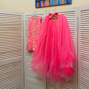 Hot Pink Glitter Pageant Outfit: Tulle Train Romper, Runway Jumpsuit