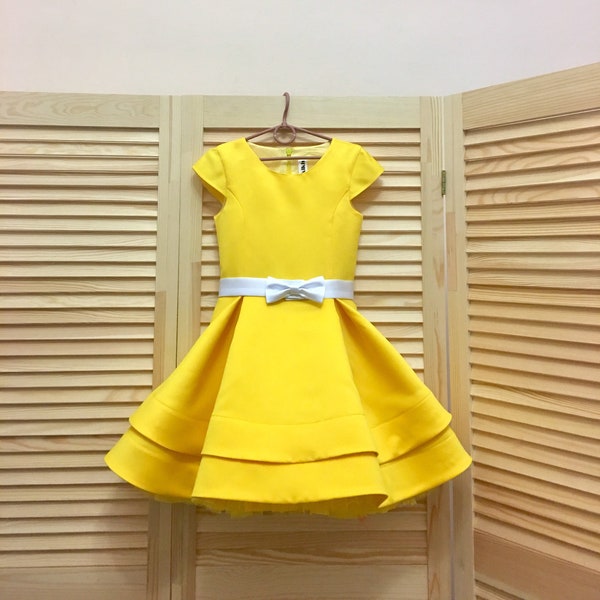 Hot yellow pageant interview cocktail dress with cup sleeves/ White bow belt / Girl Interview outfit/ Pageant wear/ Custom pageant dresses