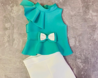 Mint Turquoise and White Girls Suit With Top and Shorts Casual