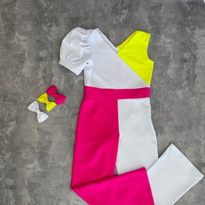 Hot pink white and yellow girl neoprene jumpsuit with sleeve/ Scuba casual outfit/ Color block girls casual wear/ Custom pageant outfit