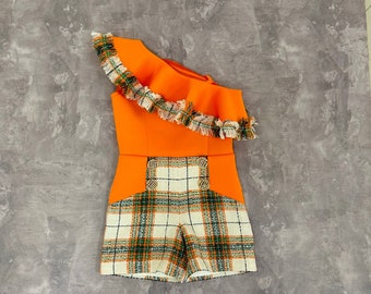 Orange and green checkered tweed girls pageant romper with ruffle/ Girls casual outfit/ Pageant casual wear/ Custom pageant outfit